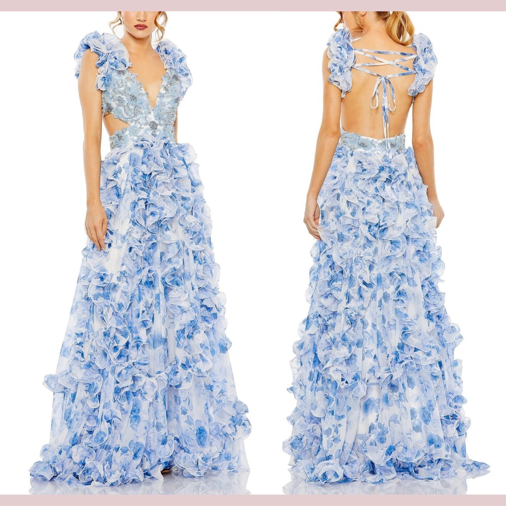 NWT Mac Duggal [ 6 ] 2220 Ruffle Tiered Cap Sleeve Cut Out‎ Open Back Gown J1597 - Picture 2 of 15